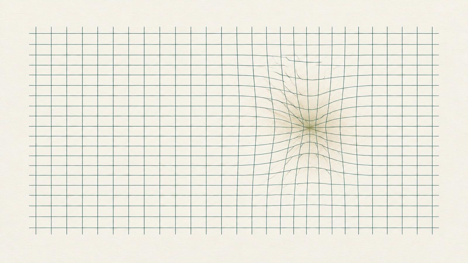 Malha abstrata de linhas regulares em teal sobre fundo claro, dobradas em um ponto de tensão.