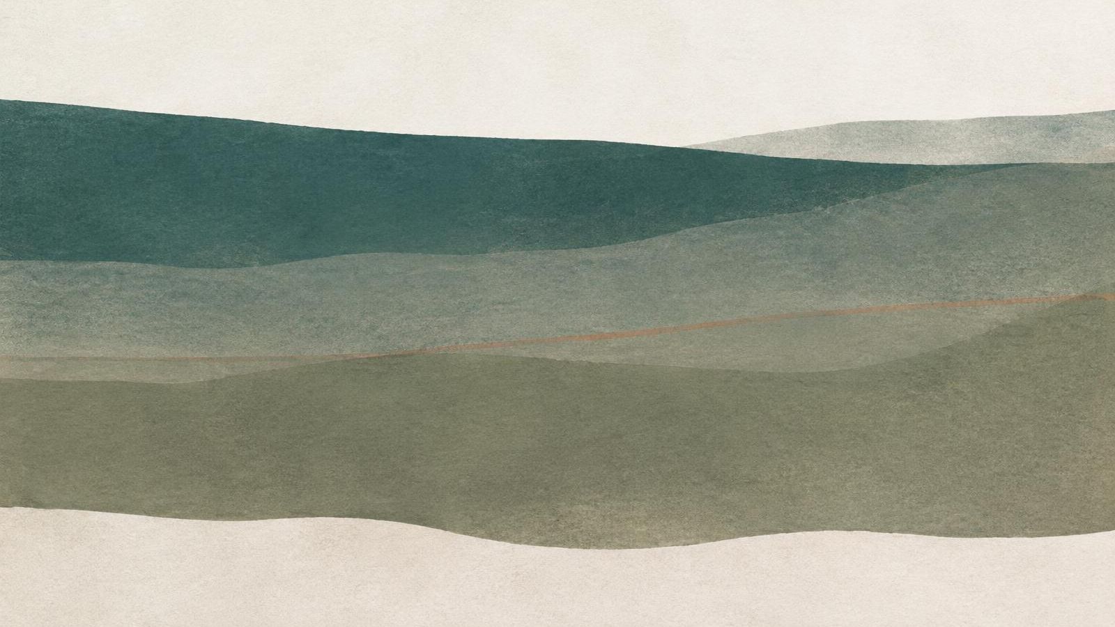 Composição abstrata em teal esmaecido e oliva, com camadas horizontais sobrepostas e uma faixa tênue desalinhada.