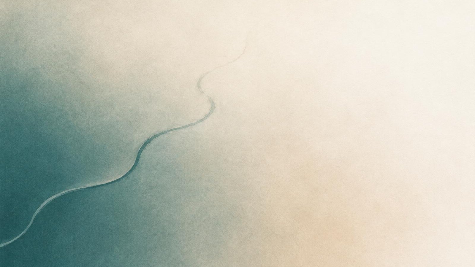 Linha abstrata sinuosa que se dissolve em um campo de cor suave, do teal para a areia.